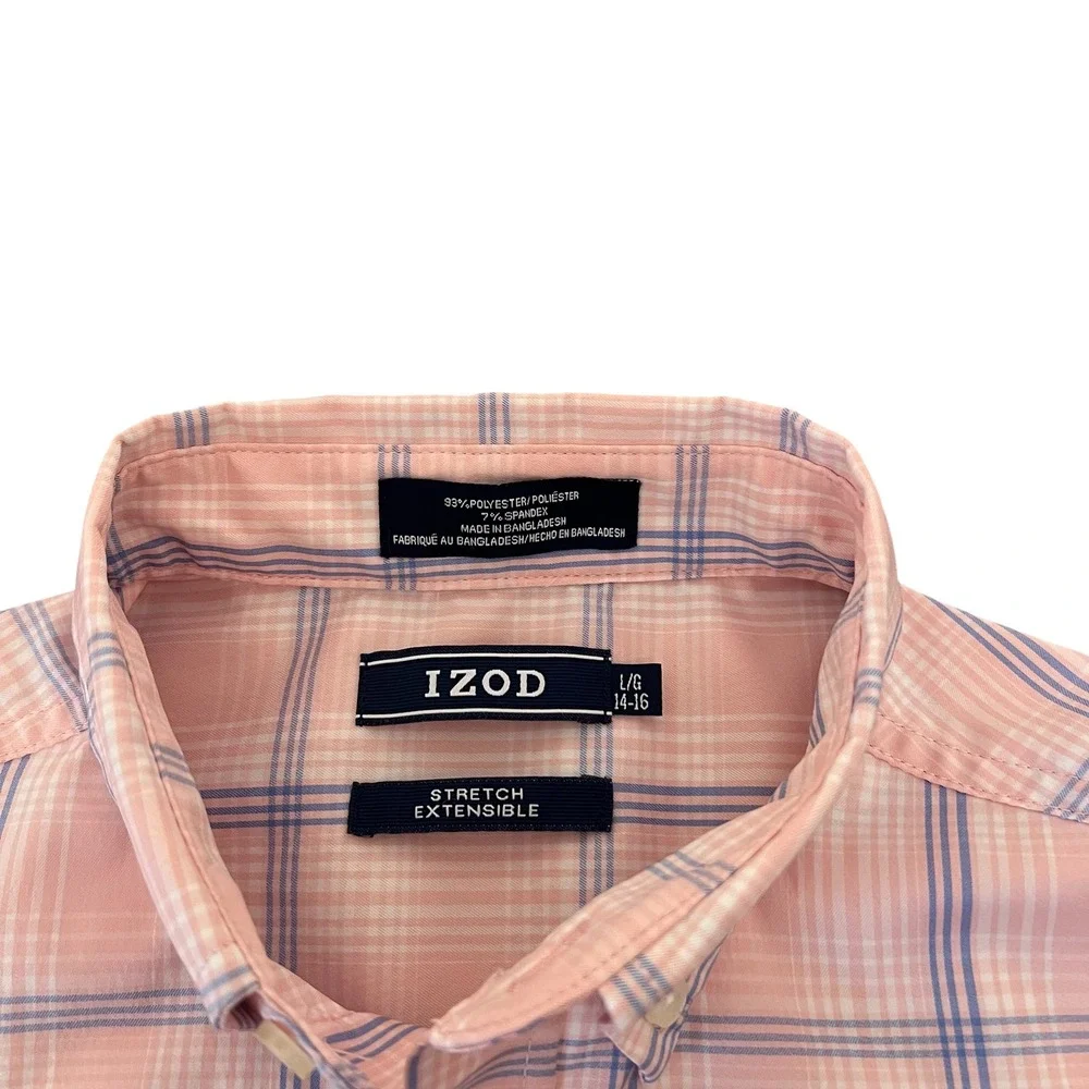 IZOD Long Sleeve Button‎ Down Shirt Pink Blue Plaid Stretch Preppy Boys L 14-16